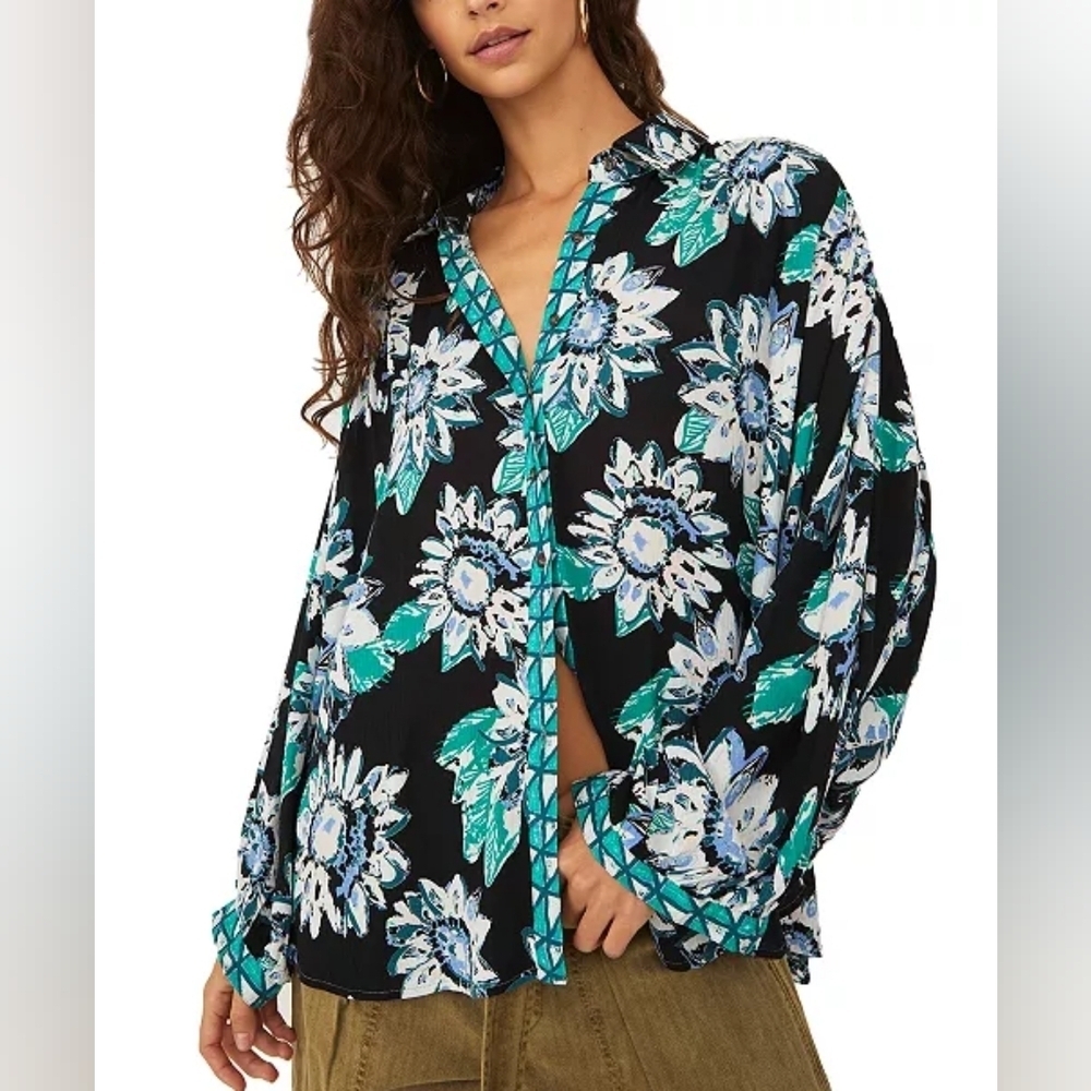Free People Good Vibrations Floral Button Up Shirt in Turquoise & Black (S)